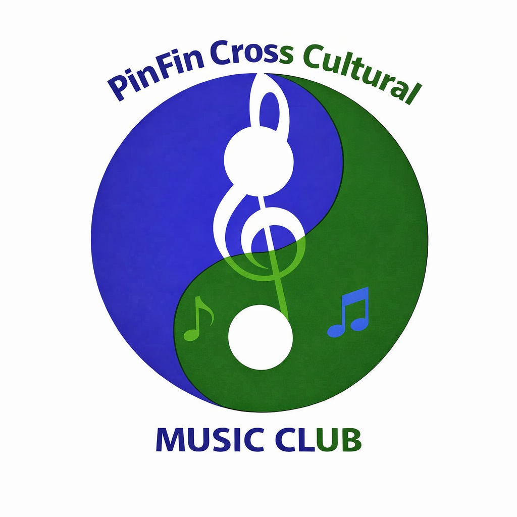 PinFin Cross Cultural Music Club logo: yin-yang symbol with treble clef and musical notes